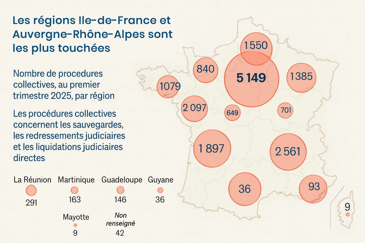 Infographie : carte de France des procédures collectives en 2025